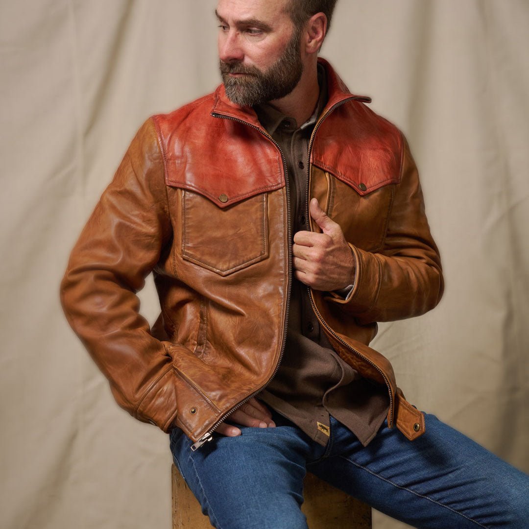 Man wearing the Western Elkhorn Leather Jacket with a two-tone yoke