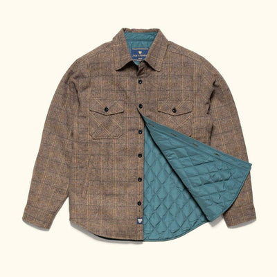 Aberdeen Wool Twill Shirt Jac in Thistle Grove, unbuttoned to show the teal quilted lining