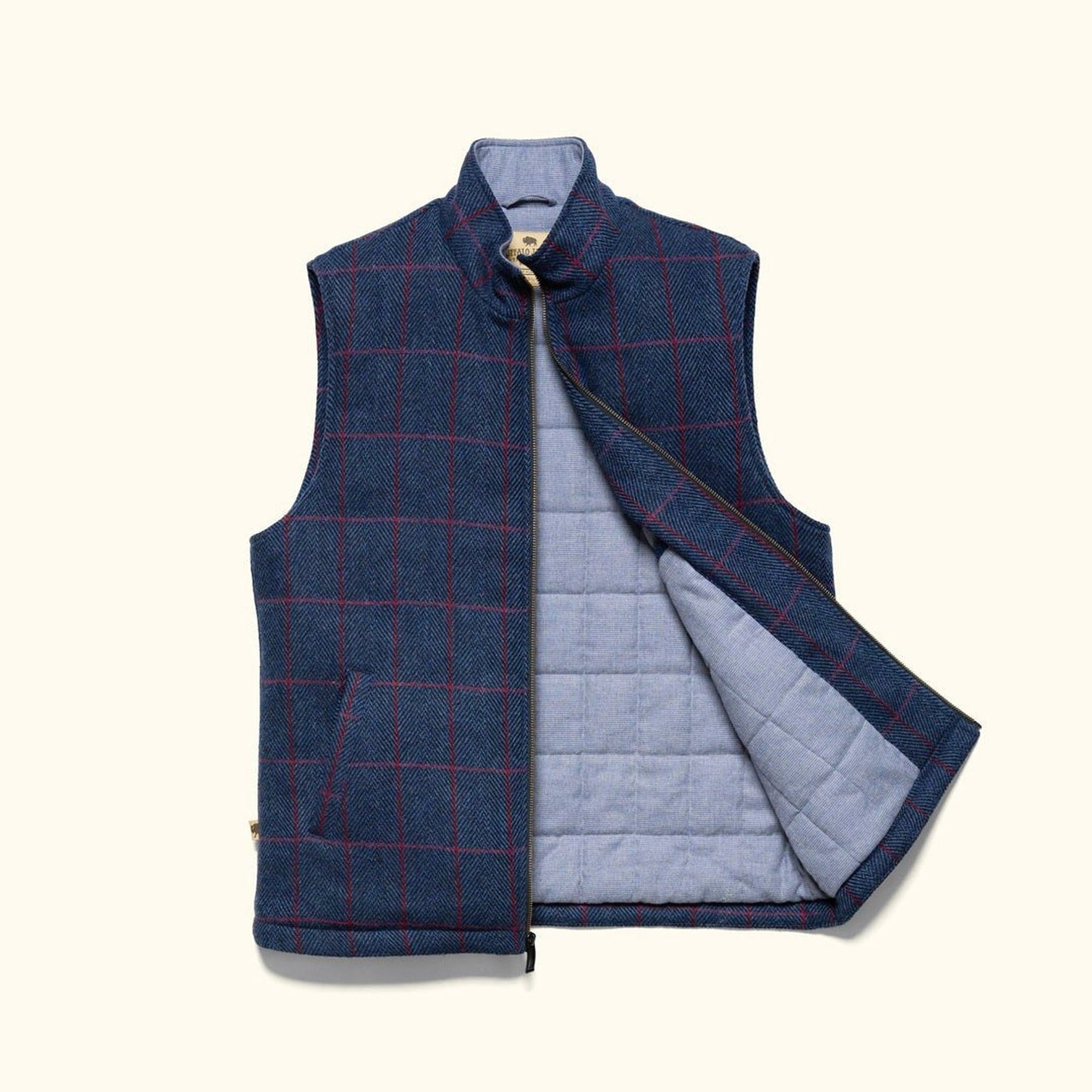 Ashton Wool Herringbone Vest in Clan Blue, unzipped to show the quilted lining