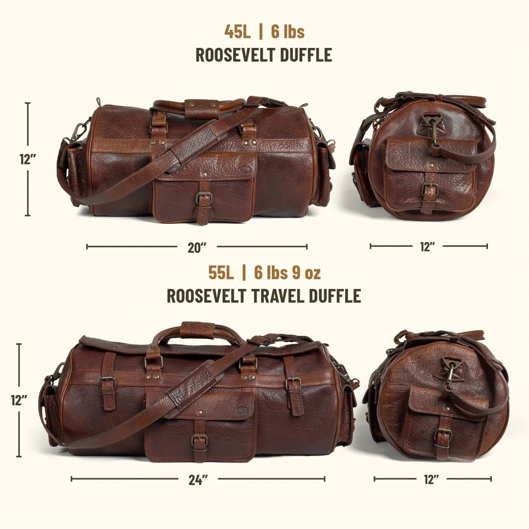 Brown leather duffel bags with 12" x 20" and 45 L measurements and 12"x24" with 55L