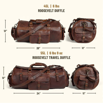 Brown leather duffel bags with 12" x 20" and 45 L measurements and 12"x24" with 55L