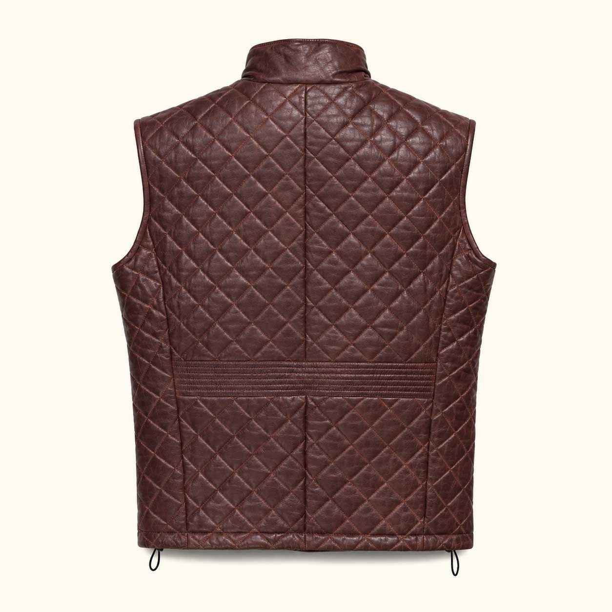 Highlands Quilted Leather Vest in Mahogany Brown, back view.