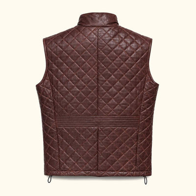 Highlands Quilted Leather Vest in Mahogany Brown, back view.