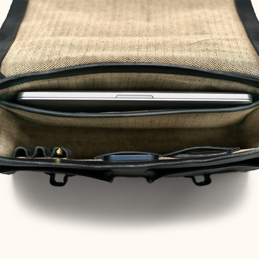 Herringbone Wool Interior Style - Leather Messenger Bag | Black - Buffalo Jackson Trading Co.