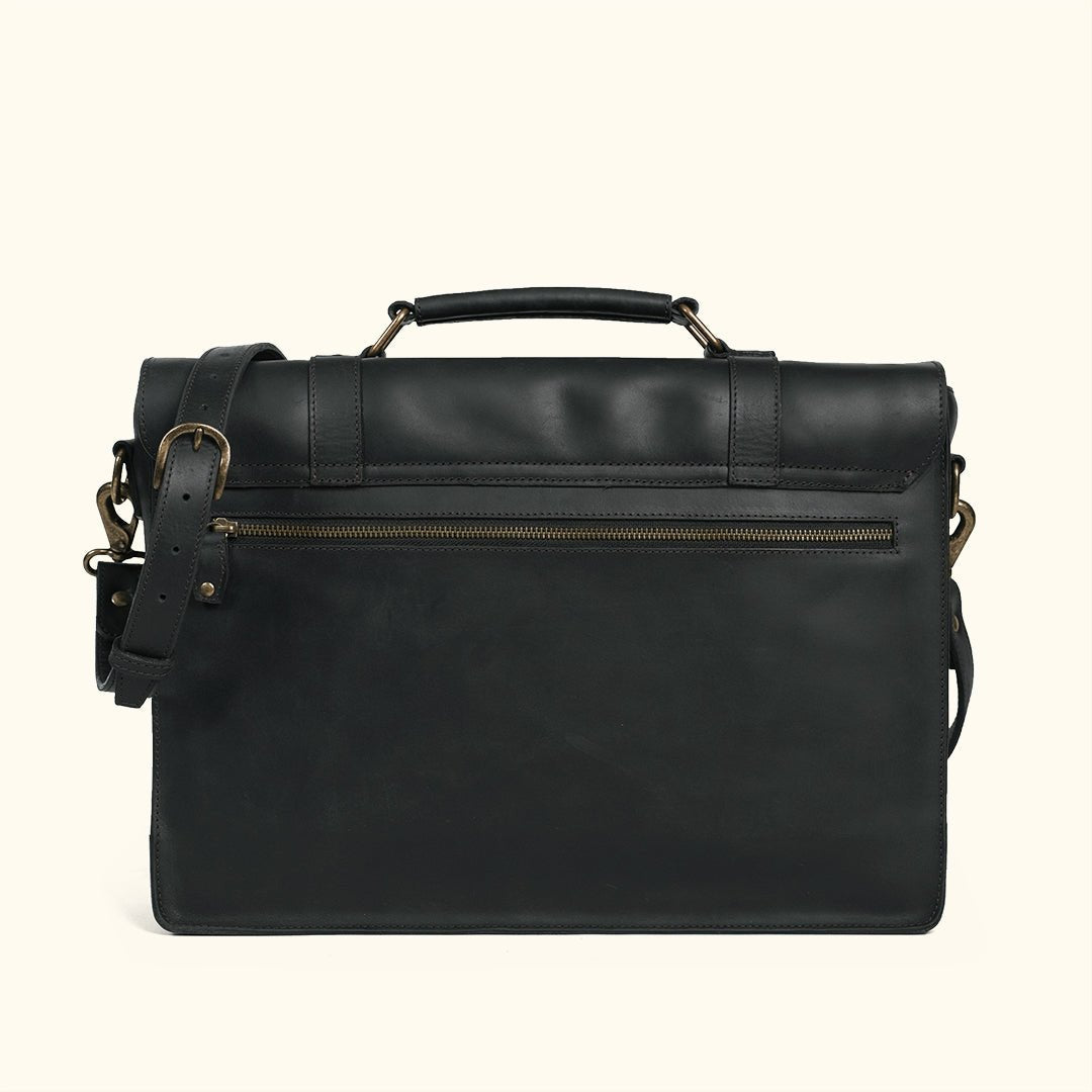 Zippered Back - Jefferson Leather Messenger Bag | Black - Buffalo Jackson Trading Co.