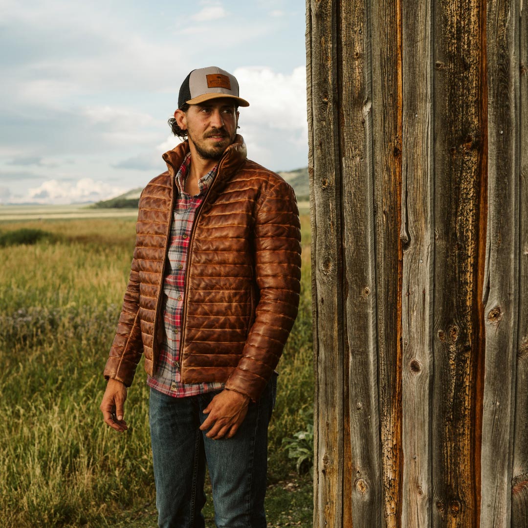 In the Mountains - near a barn - Bridger Down Leather Jacket
