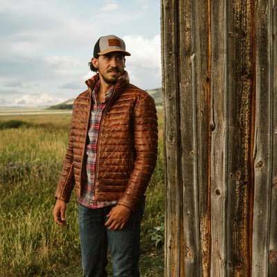 In the Mountains - near a barn - Bridger Down Leather Jacket