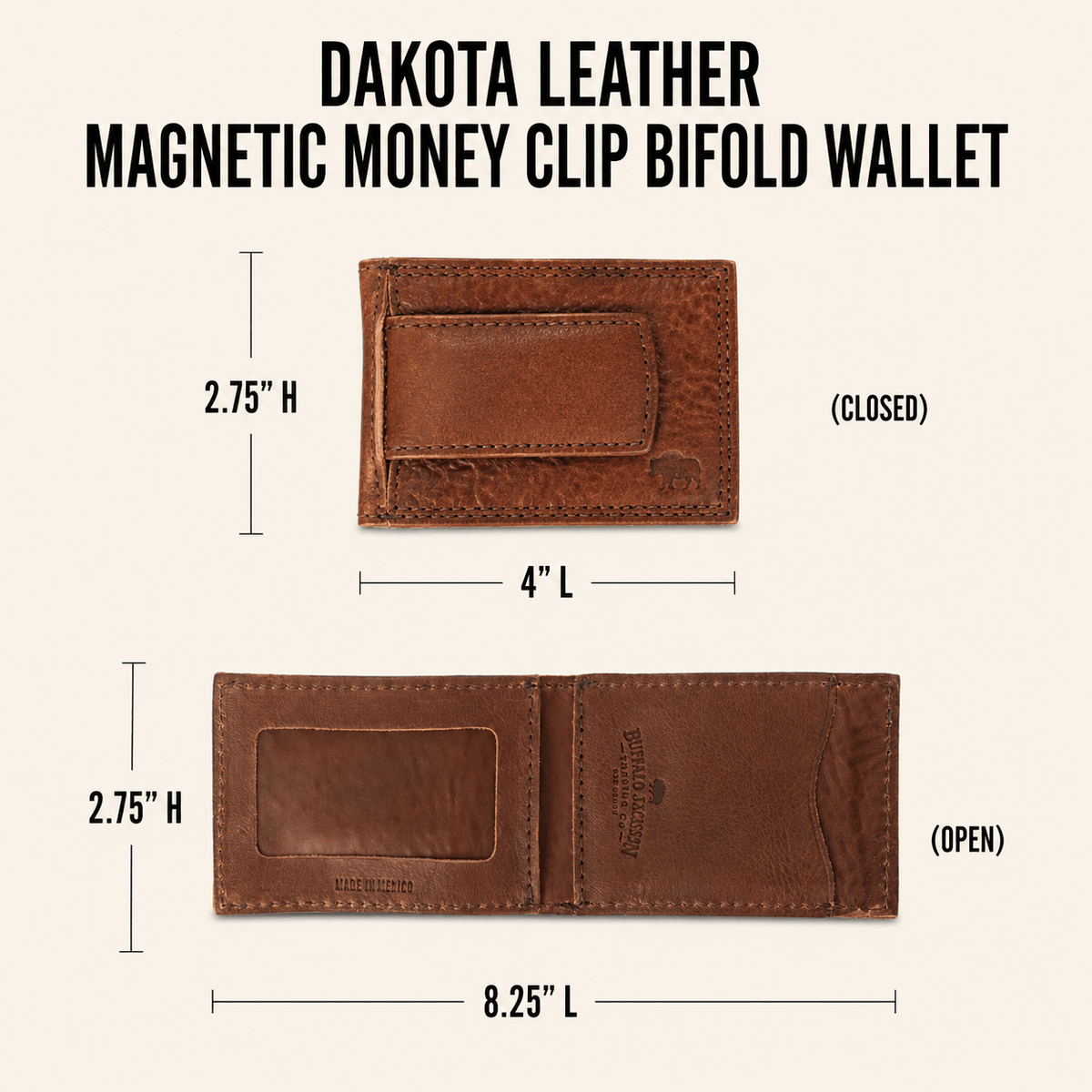 Dakota Leather Magnetic Money Clip Bifold Wallet in Chestnut Brown