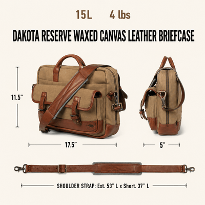 Dakota Reserve Waxed Canvas Leather Briefcase | Field Khaki with Chestnut Brown