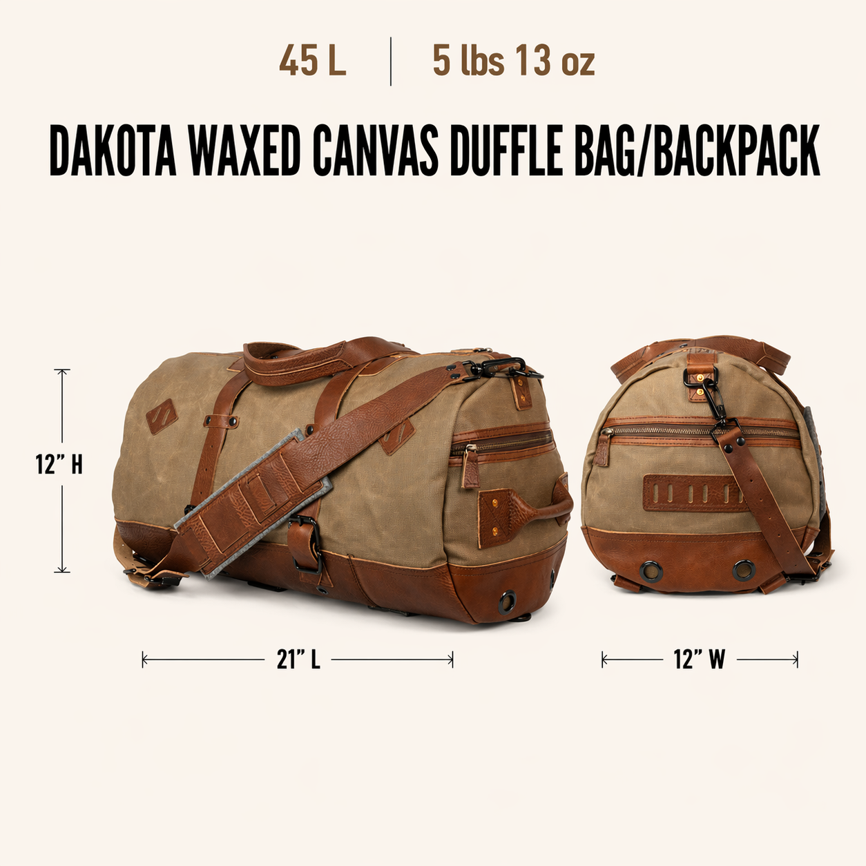 Dakota Waxed Canvas Duffle Bag/Backpack | Field Khaki w/ Chestnut Brown Leather