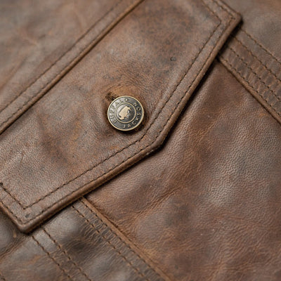Detailed leather pocket with a Buffalo Jackson button, highlighting the quality craftsmanship.
