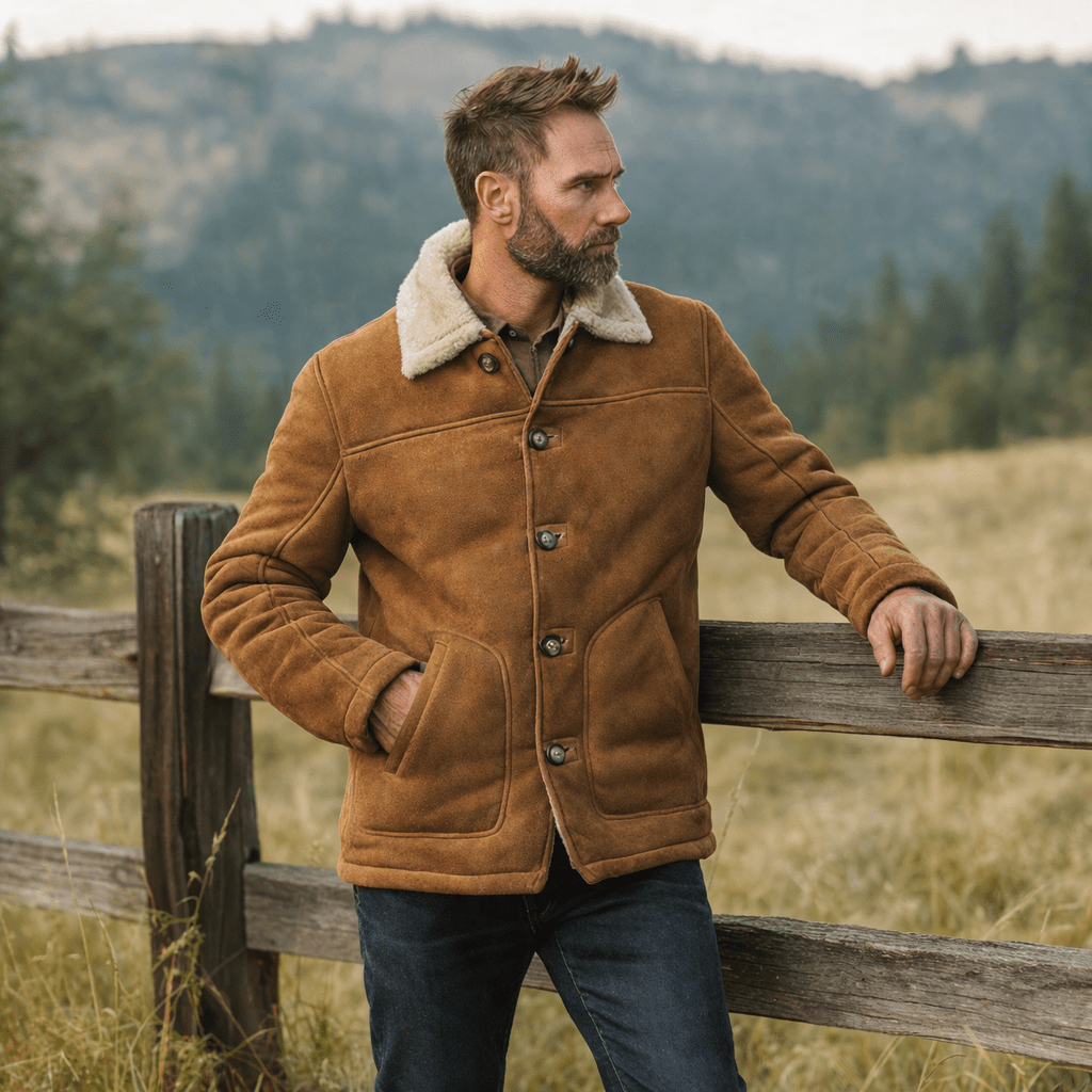 Man wearing the Durango shearling barn coat in Saddle Tan by a ranch fence