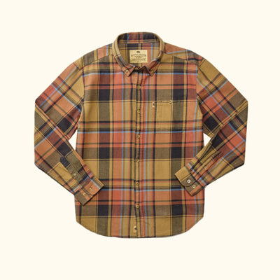 Fairbanks Flannel Shirt Canyon Timber Plaid front view – rugged midweight 100% cotton flannel with earth tone plaid pattern