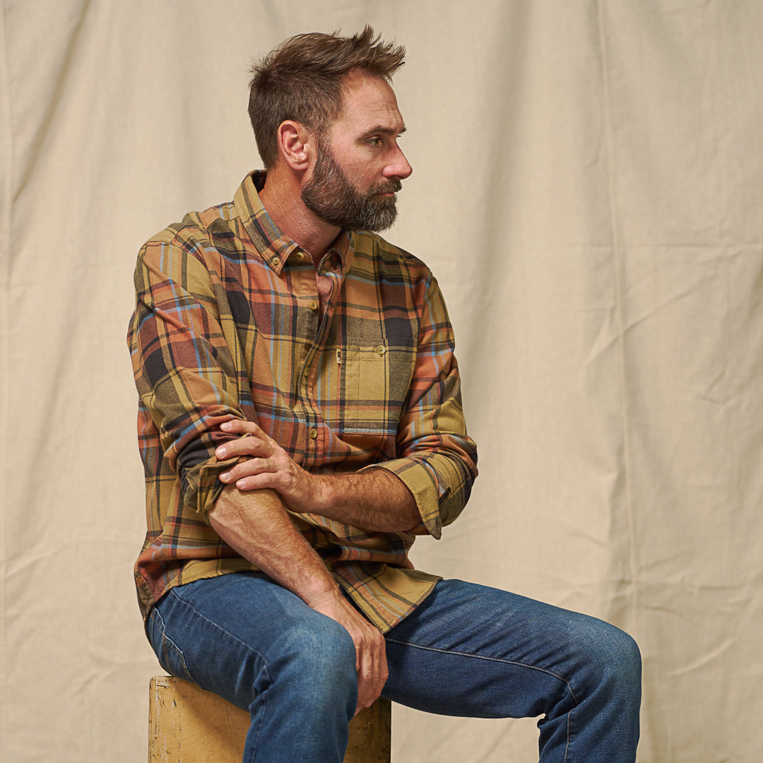 Styled photo of Fairbanks Flannel Shirt Canyon Timber worn outdoors – lumberjack aesthetic in earth tones