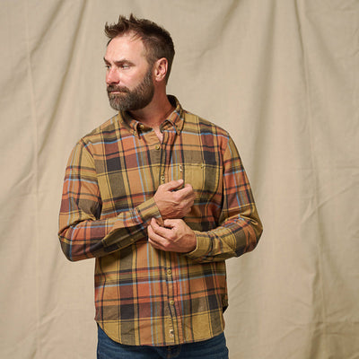 Detail image of sleeve cuff and buttons on Fairbanks Flannel Shirt Canyon Timber showing rugged construction