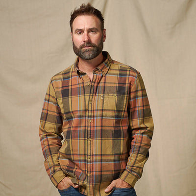 Styled photo of Fairbanks Flannel Shirt Canyon Timber worn outdoors – lumberjack aesthetic in earth tones