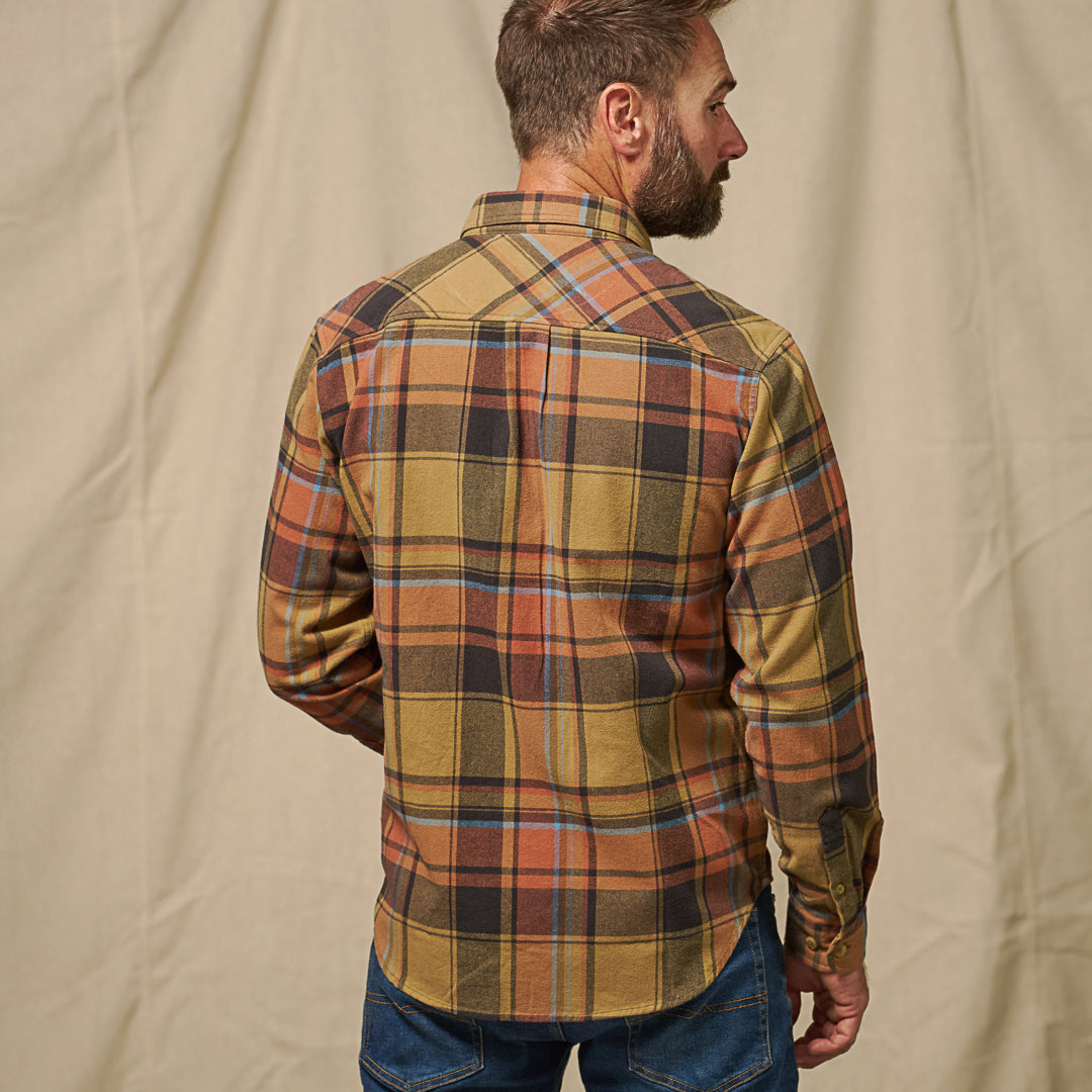 Back view of Fairbanks Flannel Shirt Canyon Timber Plaid showing durable yoke and full plaid pattern alignment