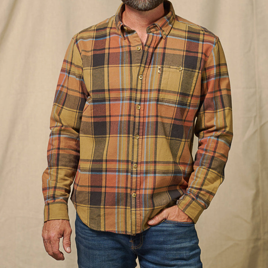 Fabric texture close-up Fairbanks Flannel Shirt Canyon Timber Plaid showing pre-washed softness and weave