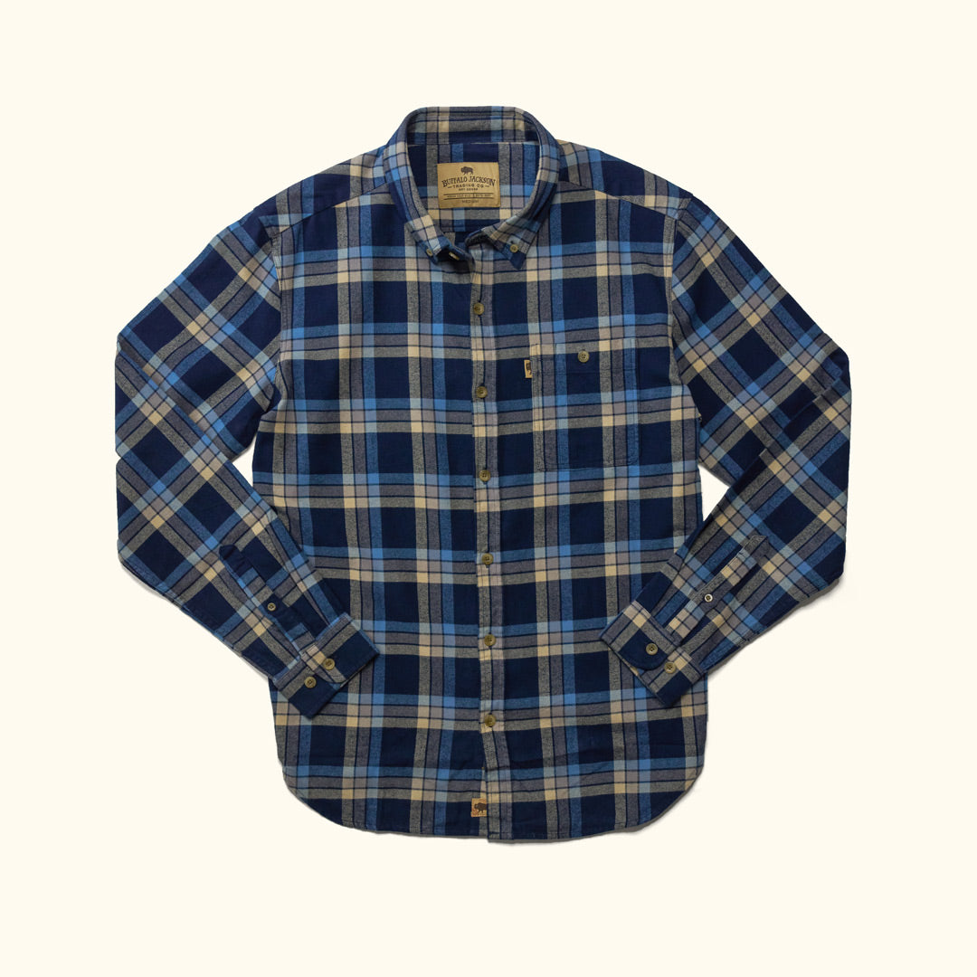 Fairbanks Flannel Shirt Navy Lake Plaid front view – midweight 100% cotton flannel shirt with muted navy and lake blue plaid pattern