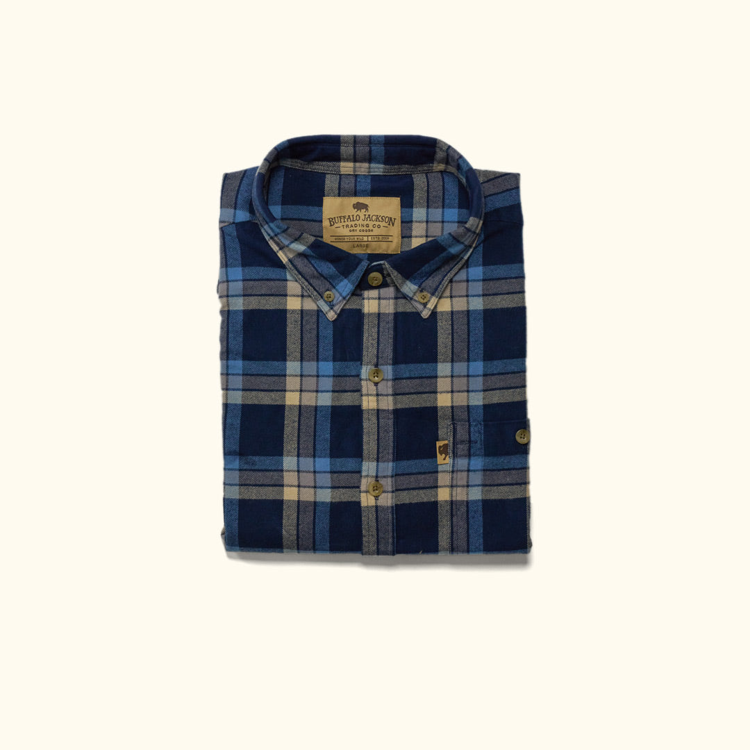 Fairbanks Flannel Shirt Navy Lake Plaid front view – midweight 100% cotton flannel shirt with muted navy and lake blue plaid pattern