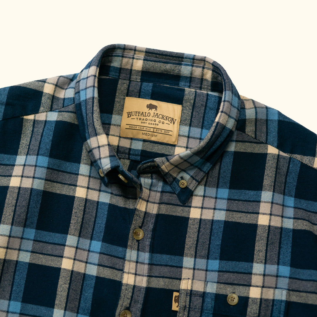 Fairbanks Flannel Shirt side view showing shirt’s button-down collar and soft pre-washed flannel fabric