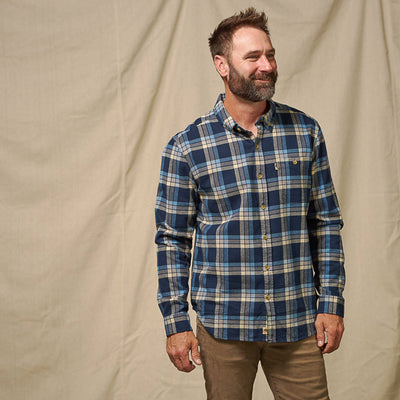 Fairbanks Flannel Shirt Navy Lake Plaid front view – midweight 100% cotton flannel shirt with muted navy and lake blue plaid pattern