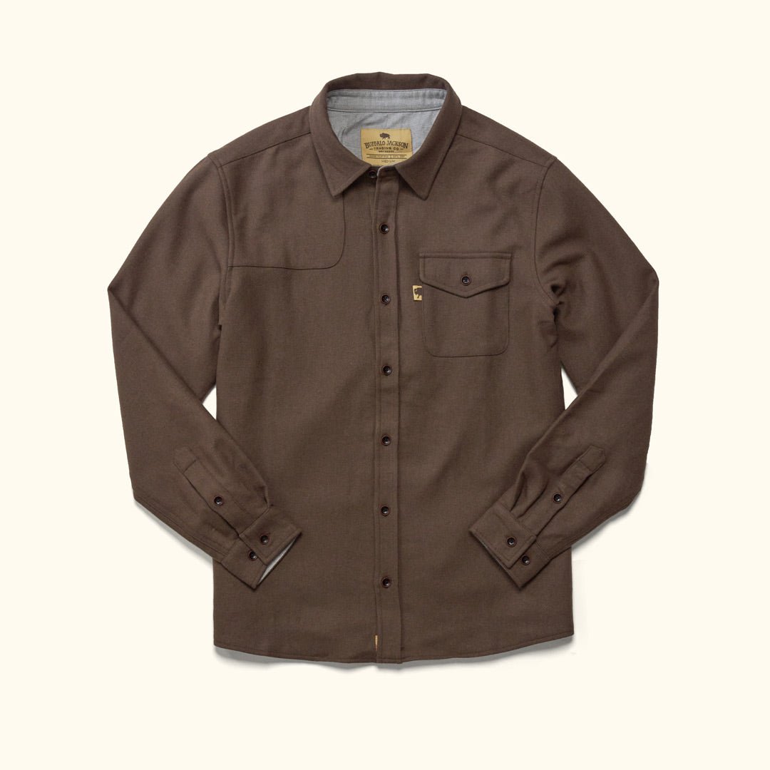 Gunnison wool-blend solid flannel shirt brown front view – heavy solid brown flannel with engraved wooden buttons and chest pocket