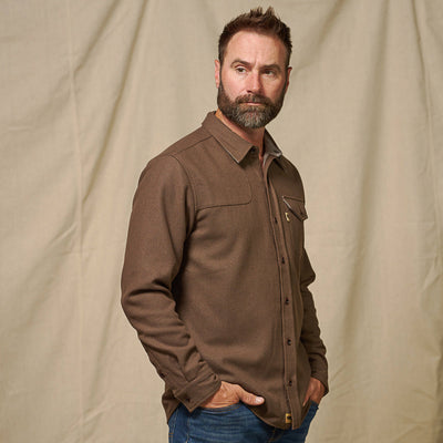 Side view of brown Gunnison wool-blend solid flannel shirt with long sleeve cuff detail and dark brown tones
