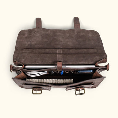 Vintage-inspired dark oak leather briefcase with detailed stitching and sturdy handle for daily use - Interior - Suede Lining - Organizing for Laptop, Pens, Cords, Books