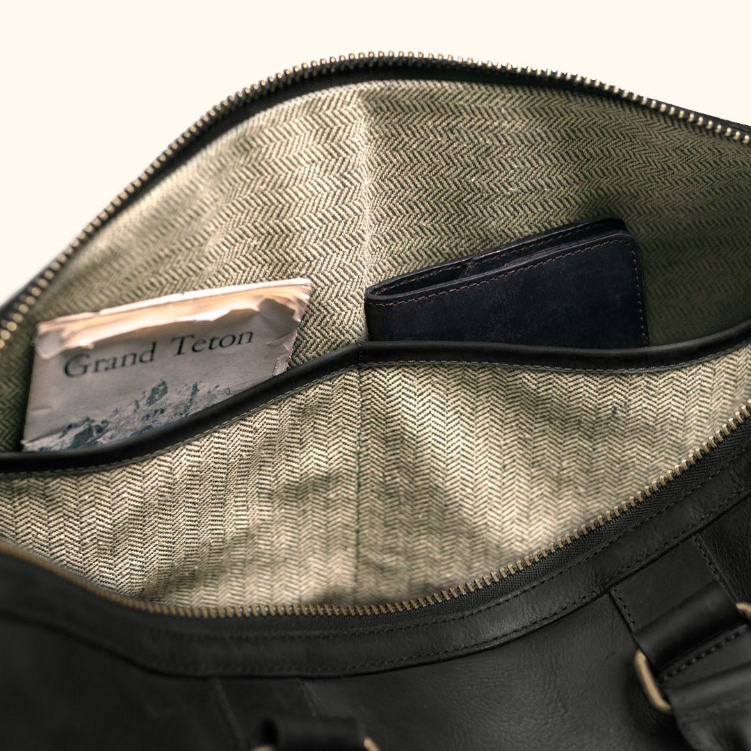 Interior Shot - Herringbone Lining, Black Cow Leather - Full Grain - Luxurious Leather Duffle Bag