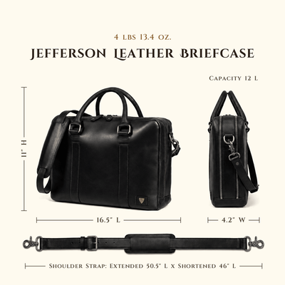 Jefferson Leather Briefcase in Vintage Black size chart with dimensions.