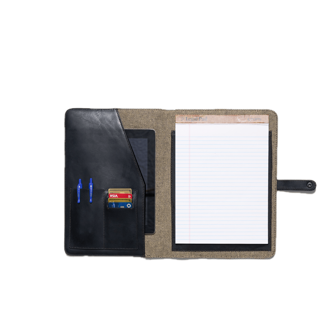 Folio case with pen holder, card slot, and notepad on a white background