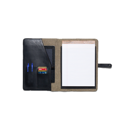 Folio case with pen holder, card slot, and notepad on a white background