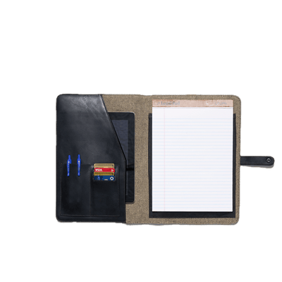 Folio case with pen holder, card slot, and notepad on a white background