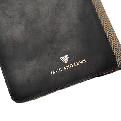Black leather product with 'Jack Andrews' branding on a white background