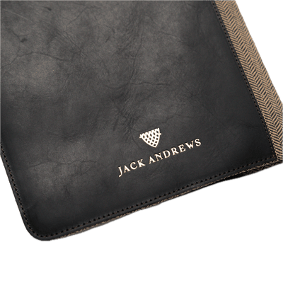 Black leather product with 'Jack Andrews' branding on a white background