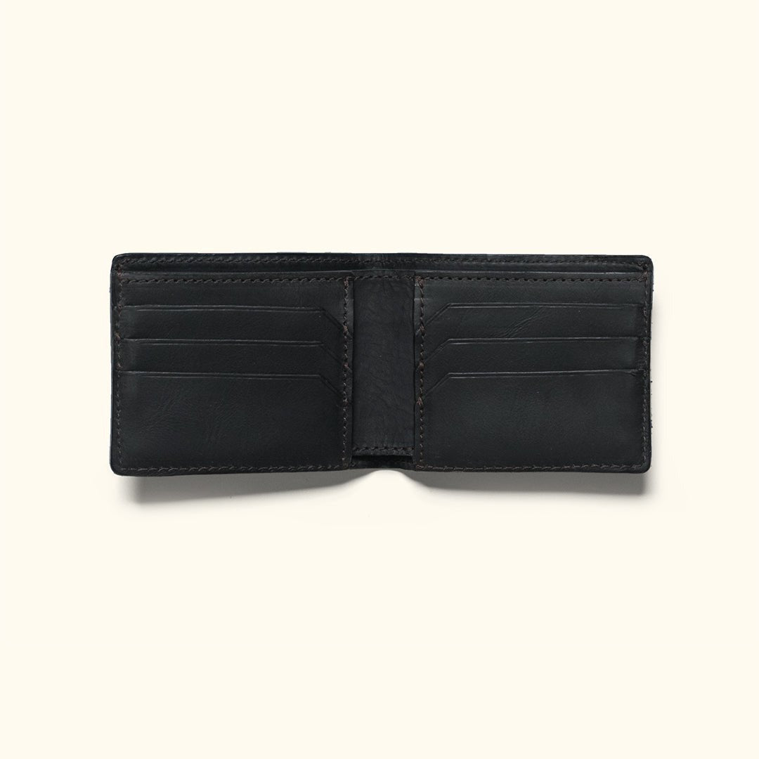 Jefferson Leather Bifold Wallet in Vintage Black, open to show the card slots.