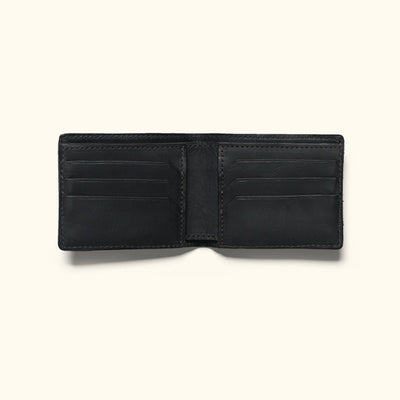 Jefferson Leather Bifold Wallet in Vintage Black, open to show the card slots.