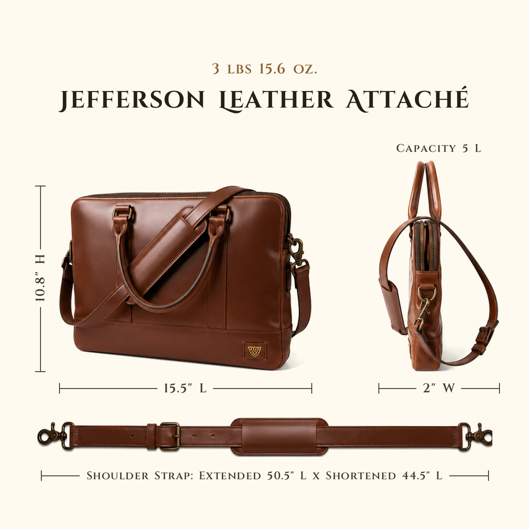 Jefferson Leather Attaché Briefcase in Elderwood Brown size chart with dimensions.