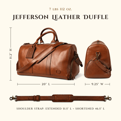Jefferson Leather Duffle in Elderwood Brown size chart with dimensions.