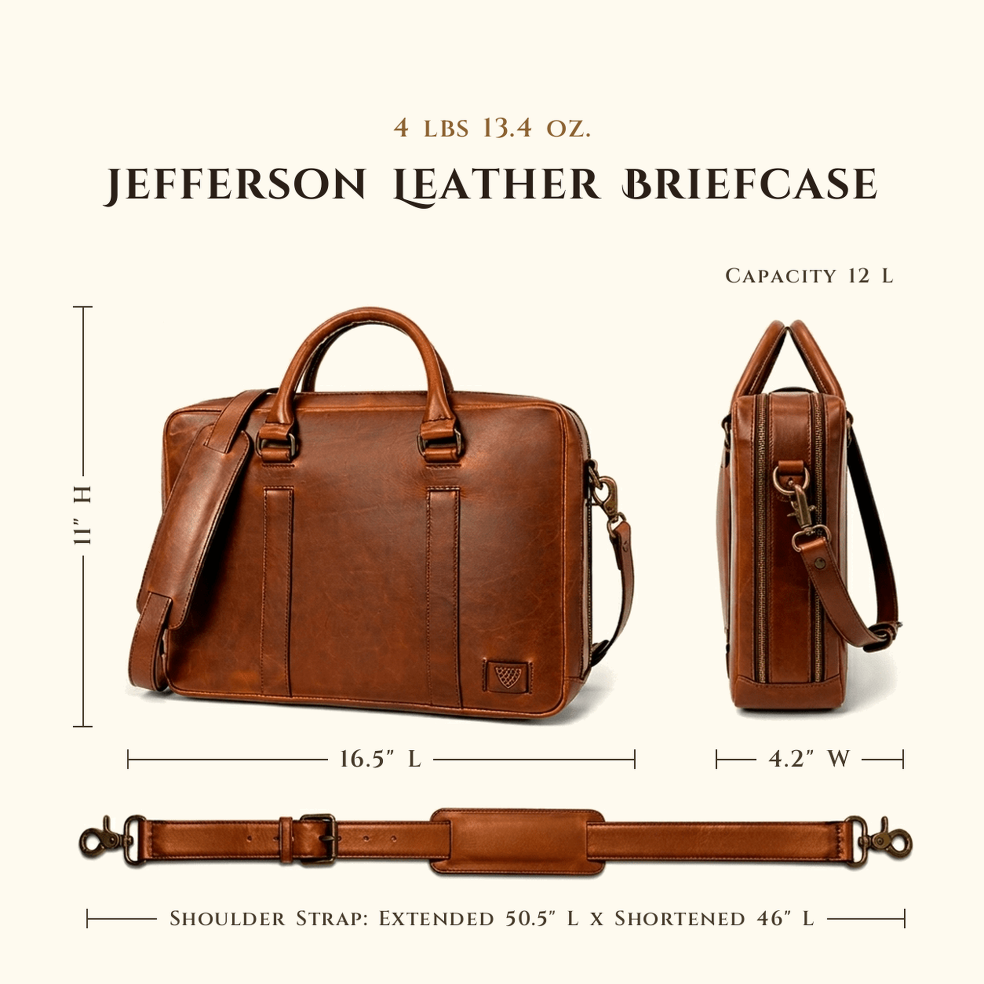 Jefferson Leather Briefcase in Elderwood Brown size chart with dimensions.