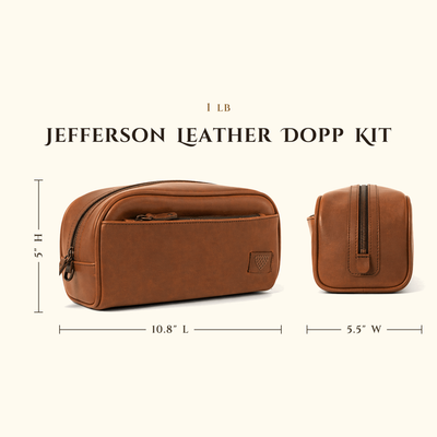 Jefferson Leather Dopp Kit in Elderwood Brown size chart with dimensions.