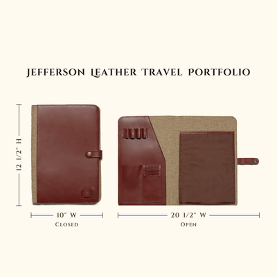 Jefferson Leather Travel Portfolio in Elderwood Brown size chart with closed and open dimensions.