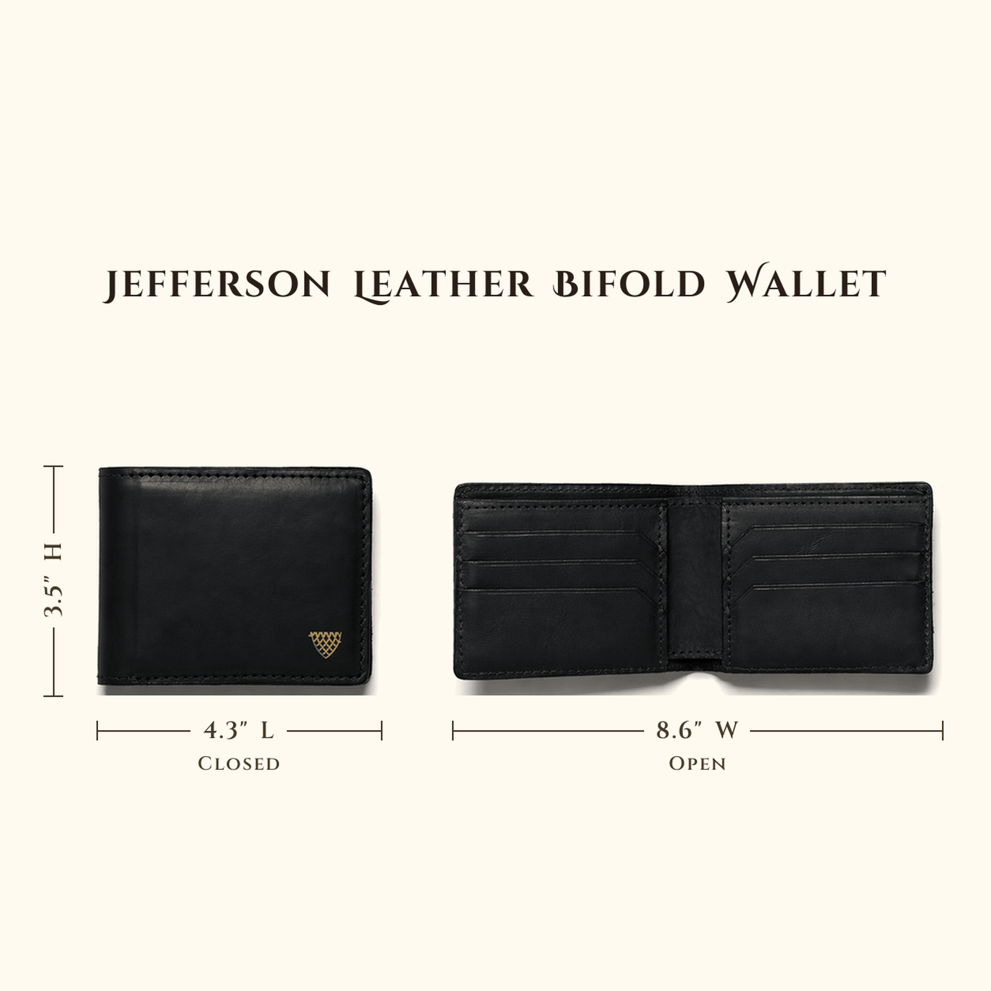 Jefferson Leather Bifold Wallet in Vintage Black size chart with closed and open dimensions.
