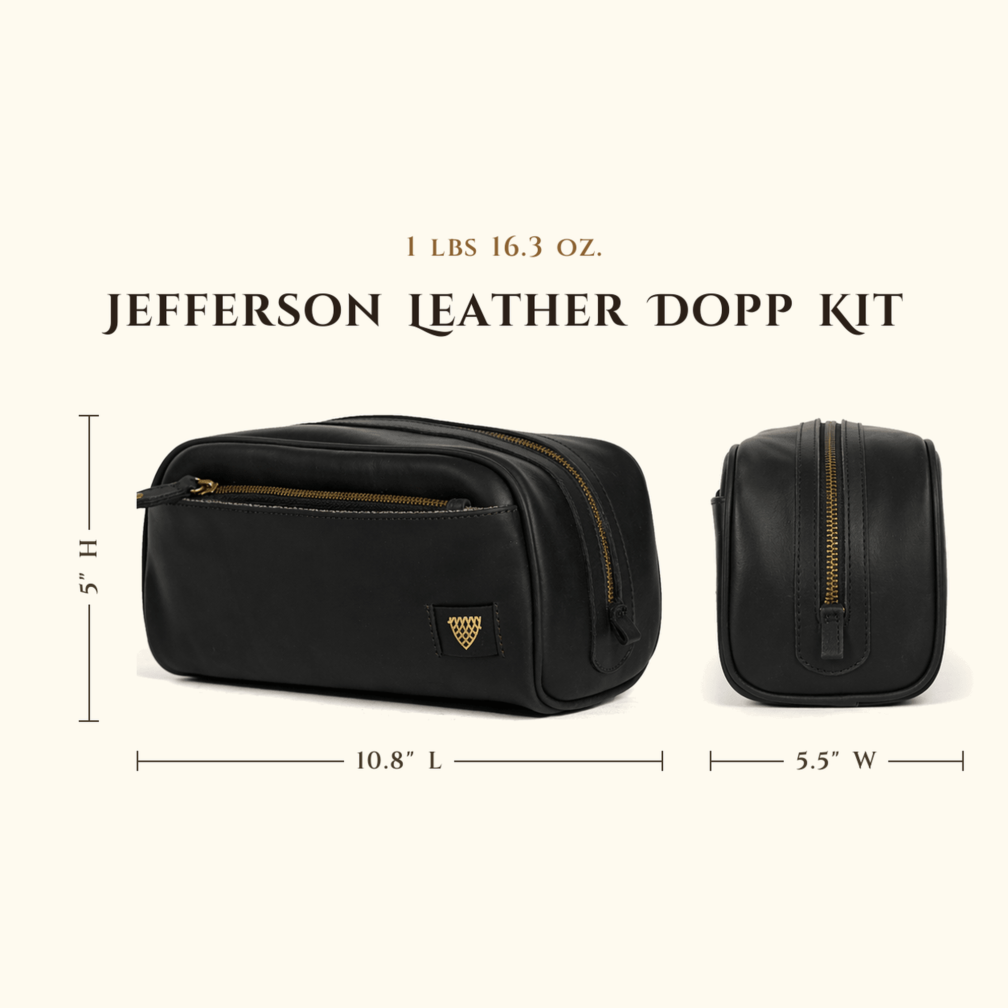 Jefferson Leather Dopp Kit in Vintage Black size chart with dimensions.