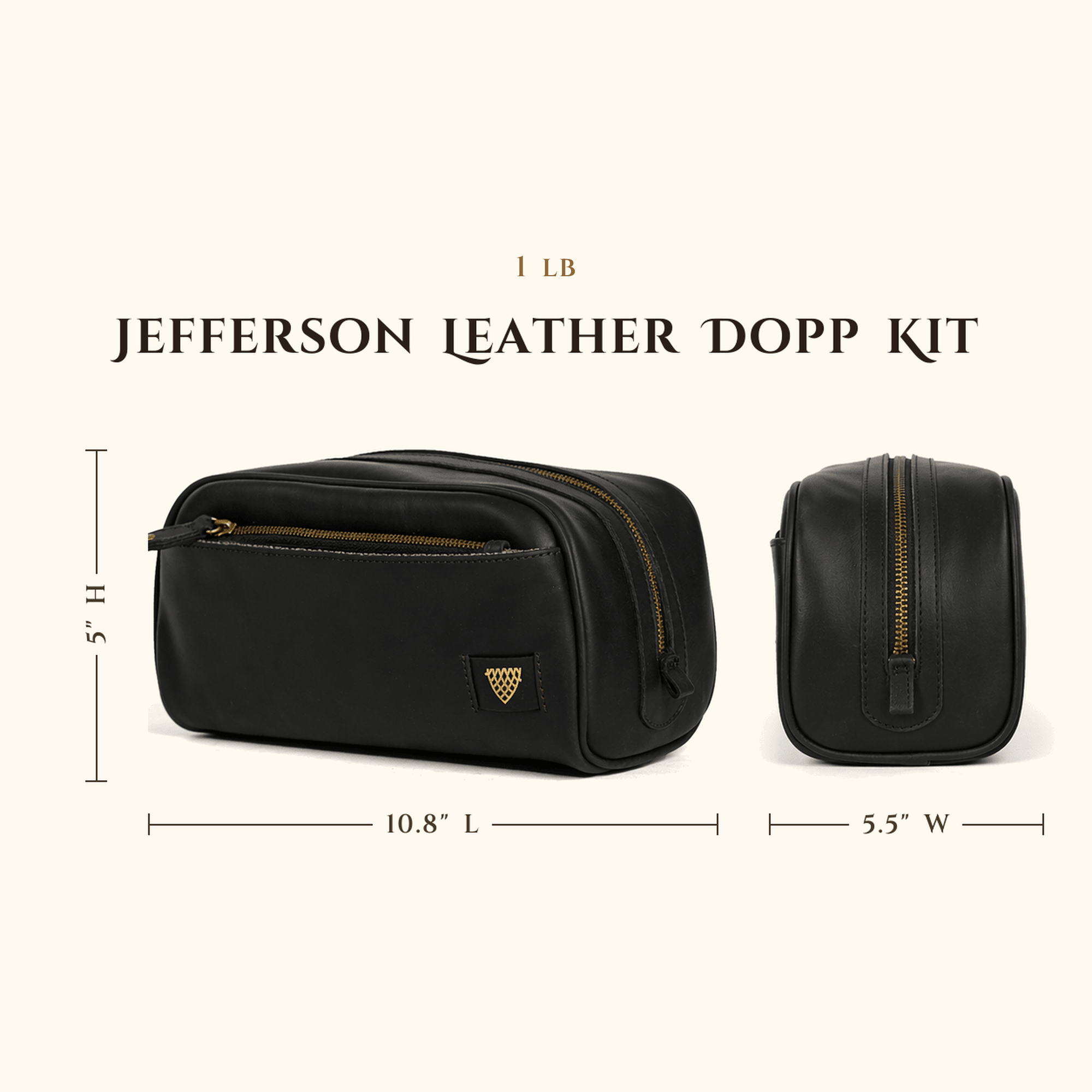 Jefferson Leather Dopp Kit in Vintage Black size chart with dimensions.