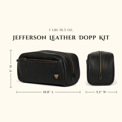 Jefferson Leather Dopp Kit in Vintage Black size chart with dimensions.