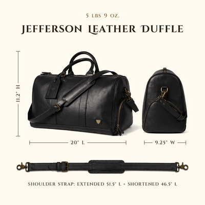 Jefferson Leather Duffle in Vintage Black size chart with dimensions.