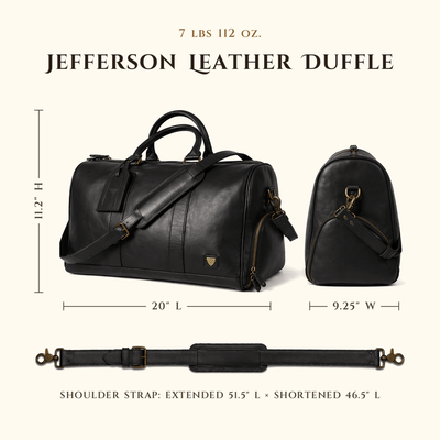 Jefferson Leather Duffle in Vintage Black size chart with dimensions.