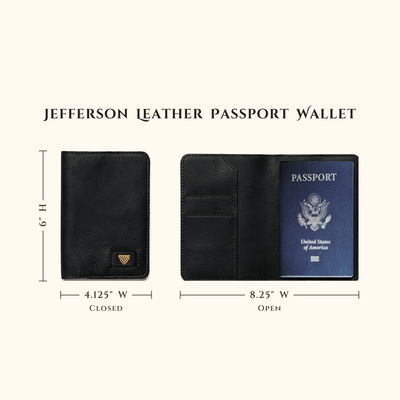 Jefferson Leather Passport Wallet in Vintage Black size chart with closed and open dimensions.